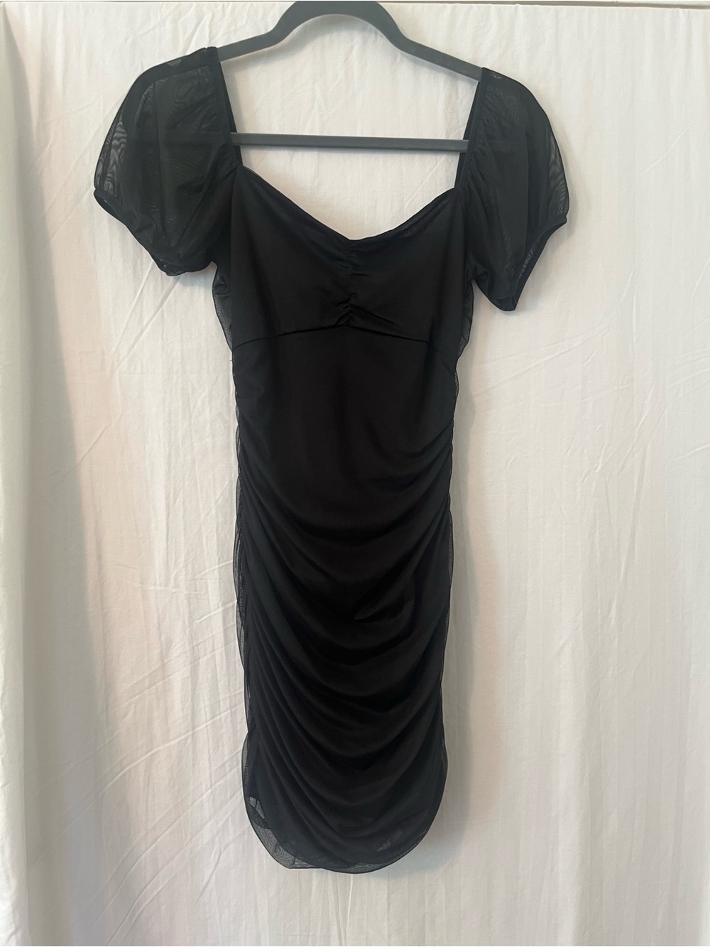 Windsor Black Ruched Midi Dress with Sheer Puff Sleeves